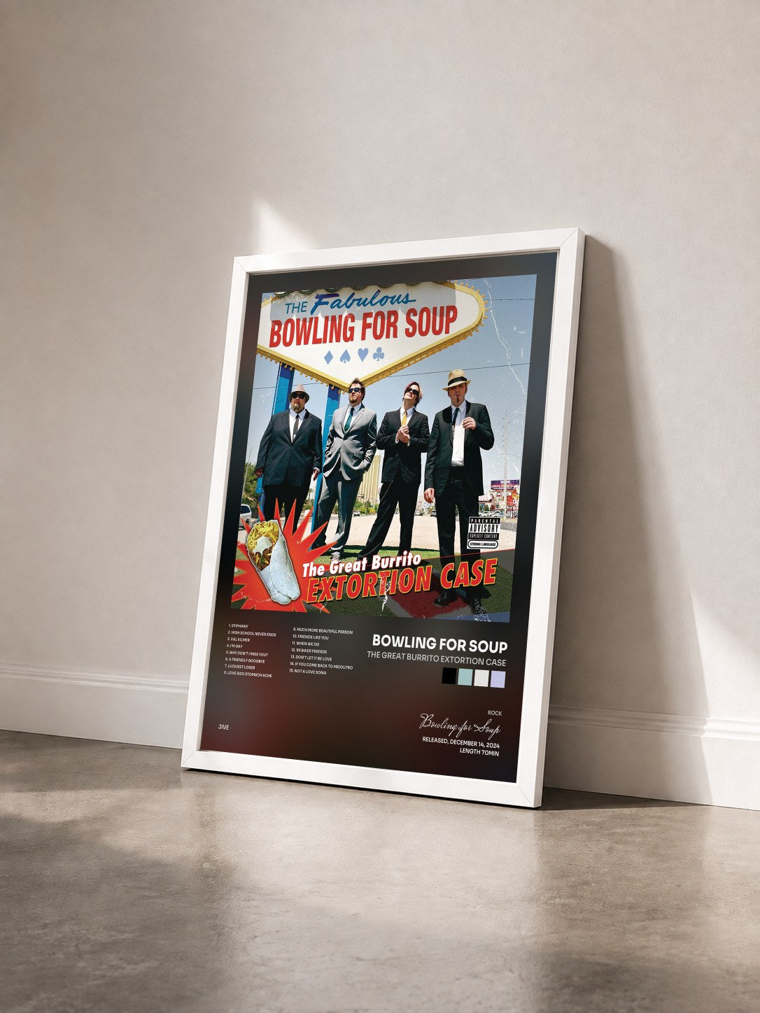 #blanc Tableau de l'album The Great Burrito Extortion Case de Bowling for Soup vu de trois quarts, cadre blanc