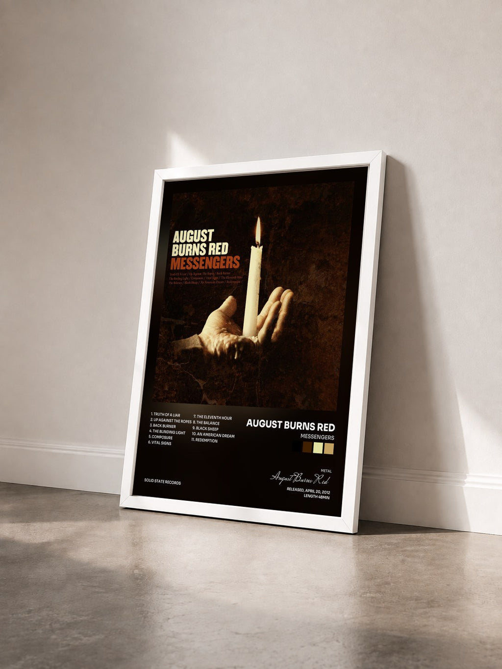 #blanc Tableau de l'album Messengers de August Burns Red vu de trois quarts, cadre blanc