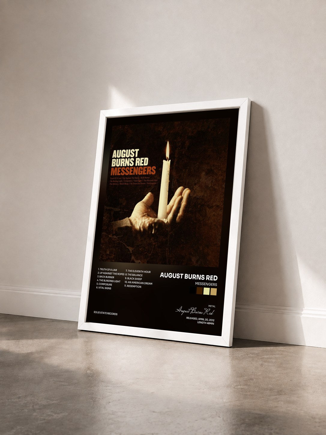 #blanc Tableau de l'album Messengers de August Burns Red vu de trois quarts, cadre blanc