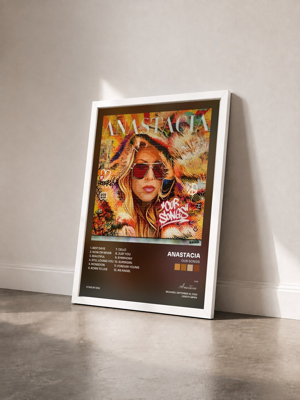 #blanc Tableau de l'album Our Songs de Anastacia vu de trois quarts, cadre blanc
