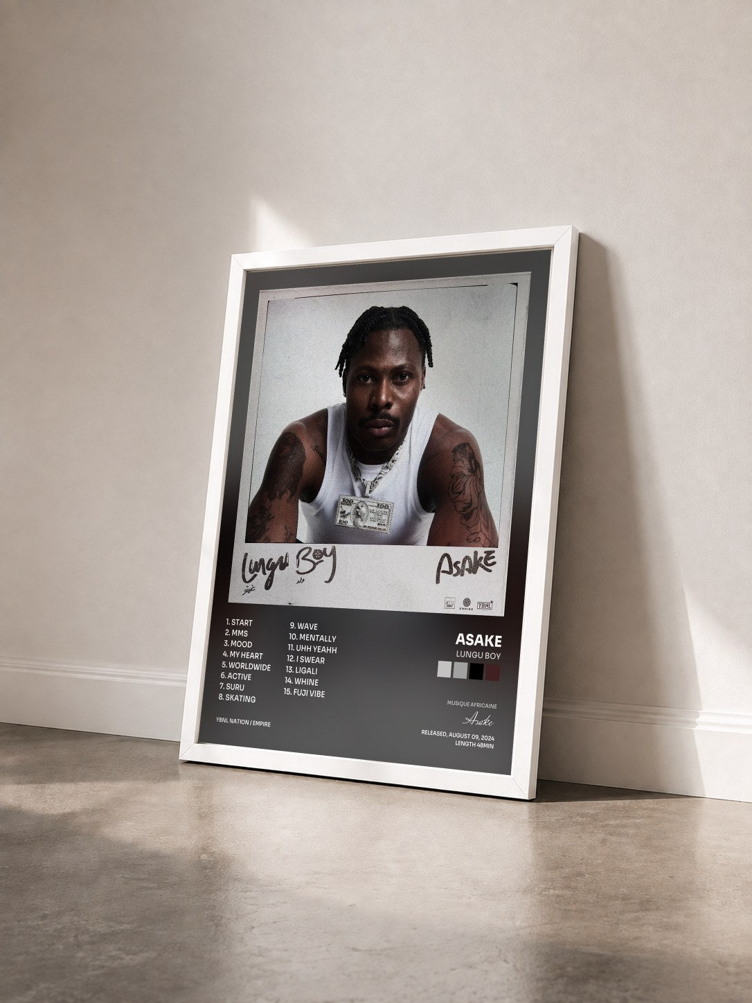 #blanc Tableau de l'album Lungu Boy de Asake vu de trois quarts, cadre blanc