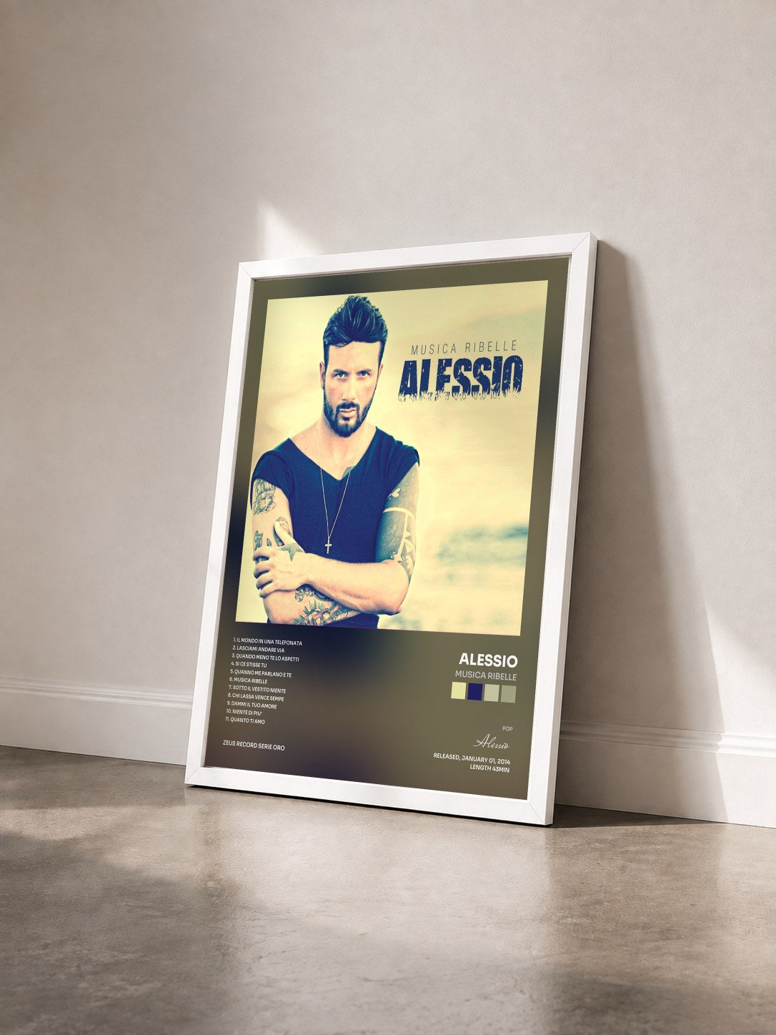 #blanc Tableau de l'album Musica ribelle de Alessio vu de trois quarts, cadre blanc