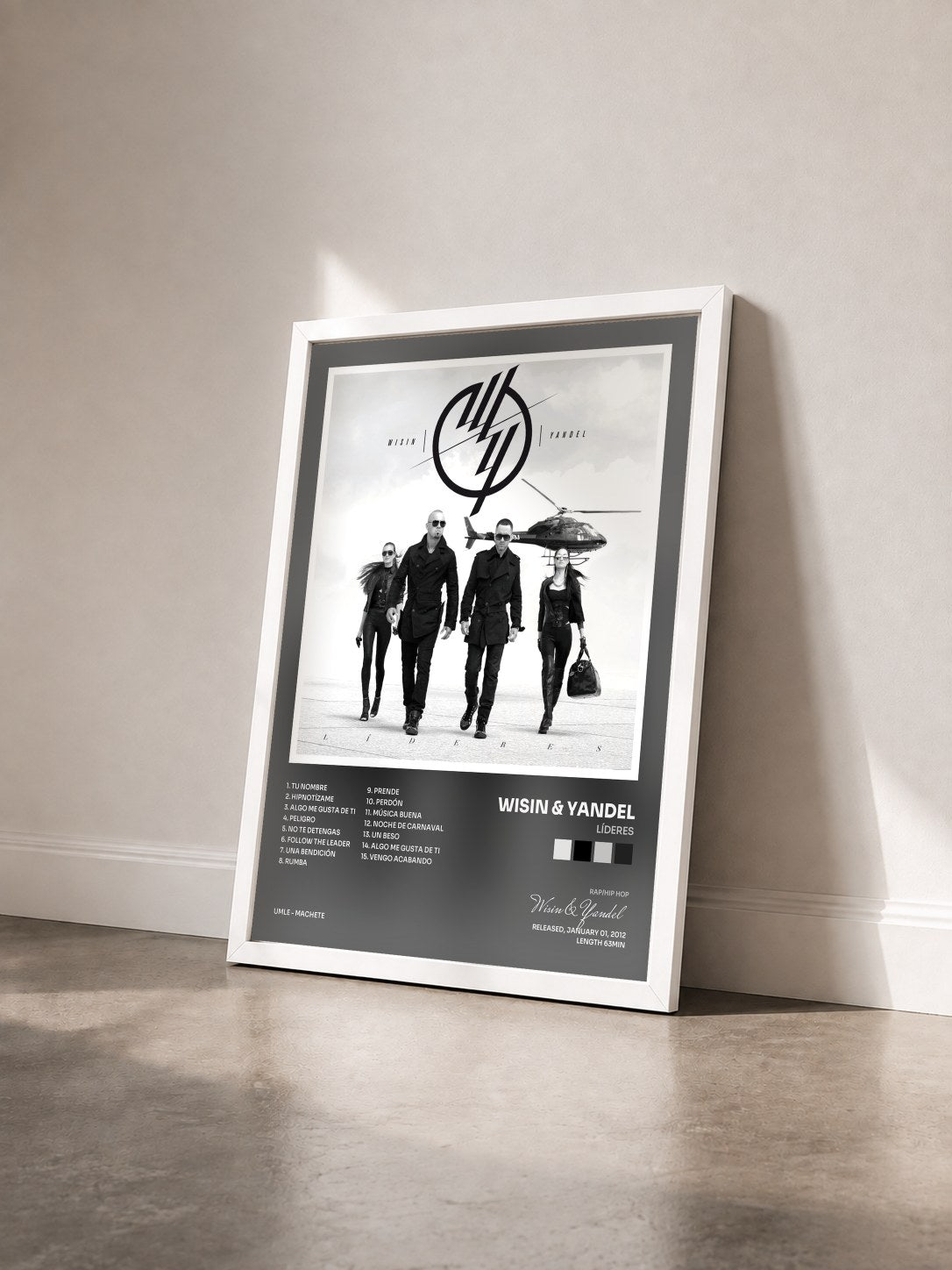 #blanc Tableau de l'album Líderes de Wisin & Yandel vu de trois quarts, cadre blanc