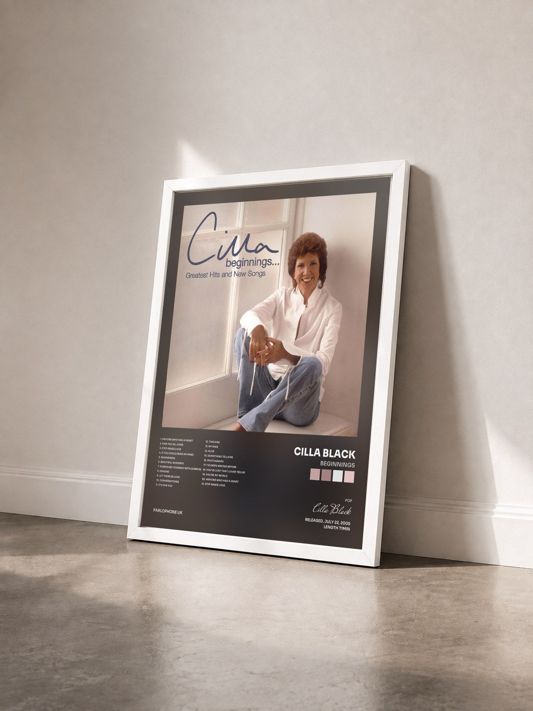#blanc Tableau de l'album Beginnings de Cilla Black vu de trois quarts, cadre blanc