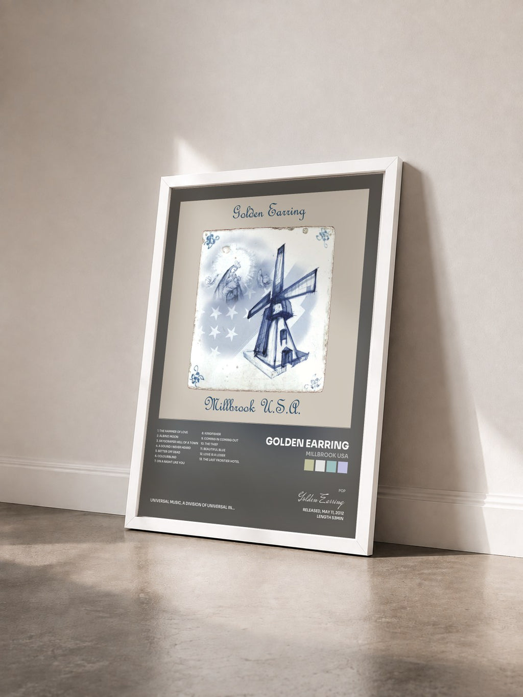 #blanc Tableau de l'album Millbrook USA de Golden Earring vu de trois quarts, cadre blanc