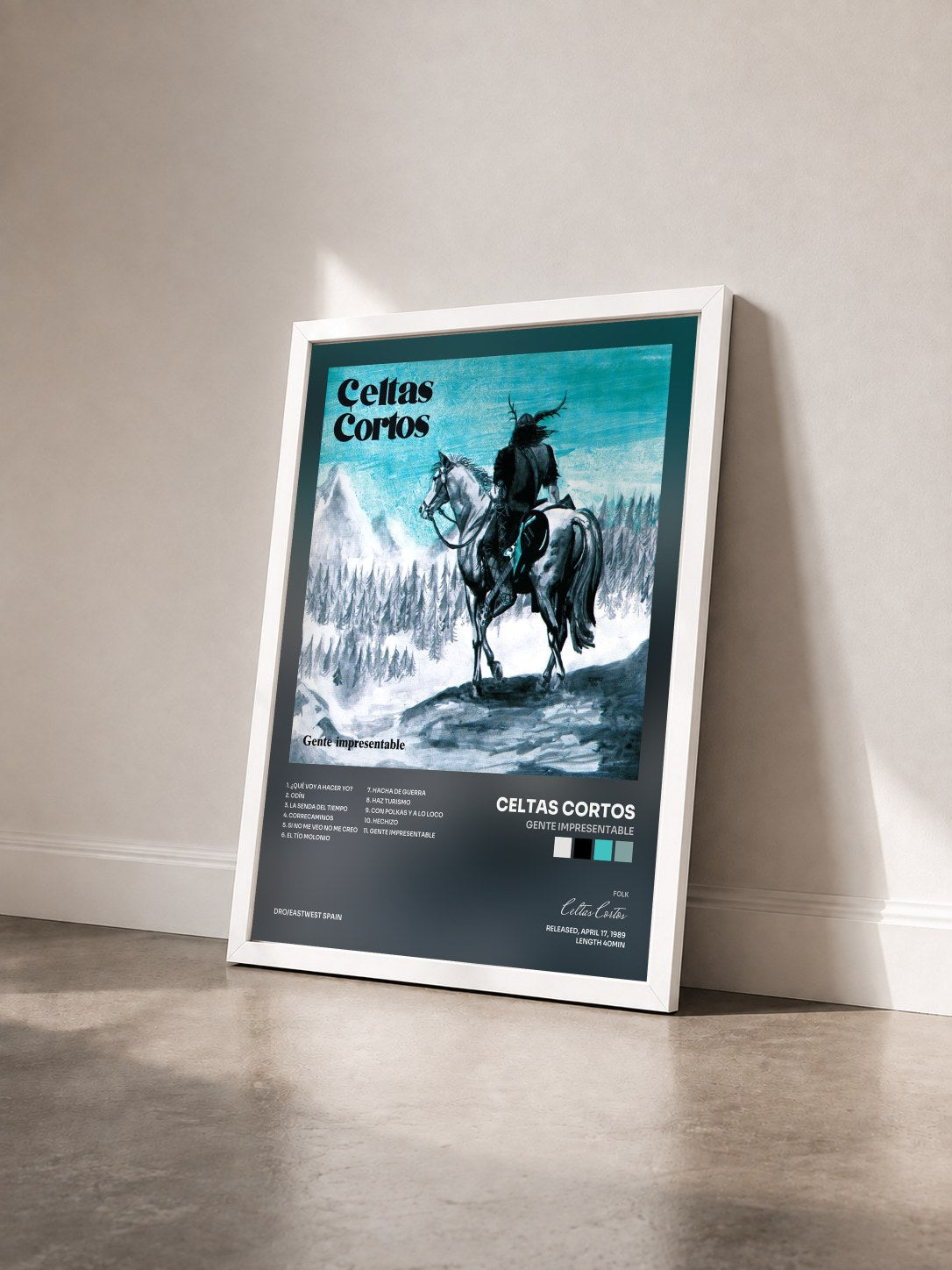 #blanc Tableau de l'album Gente Impresentable de Celtas Cortos vu de trois quarts, cadre blanc