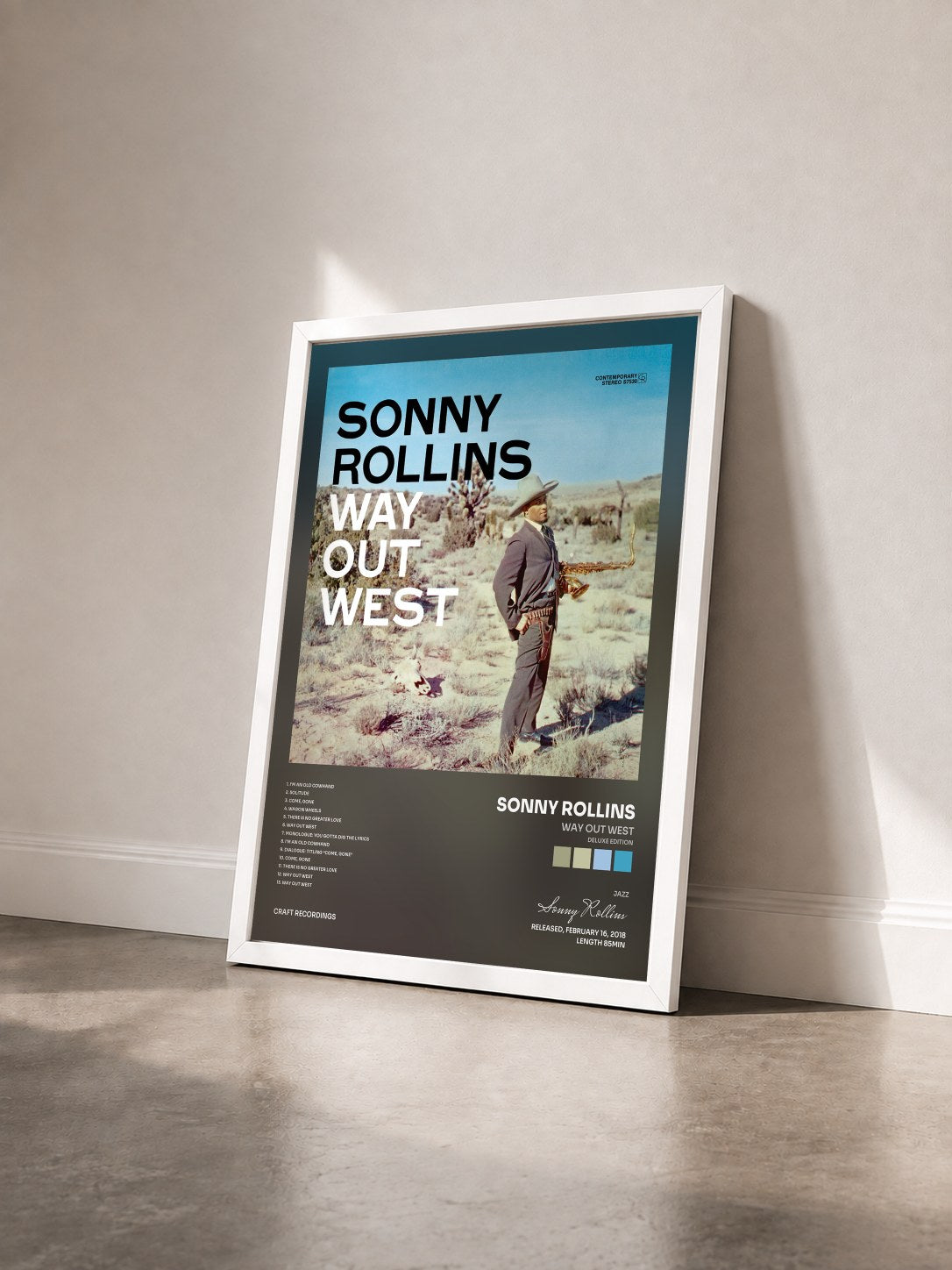 #blanc Tableau de l'album Way Out West (Deluxe Edition) de Sonny Rollins vu de trois quarts, cadre blanc