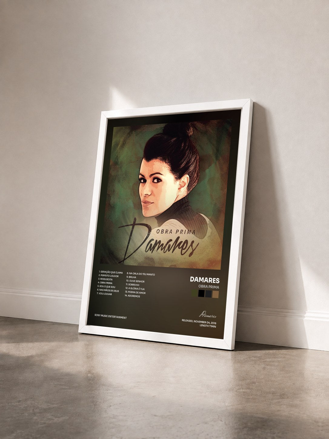 #blanc Tableau de l'album Obra Prima de Damares vu de trois quarts, cadre blanc