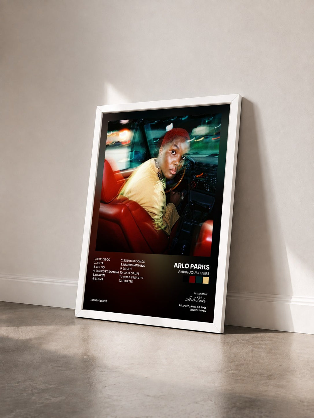 #blanc Tableau de l'album Ambiguous Desire de Arlo Parks vu de trois quarts, cadre blanc
