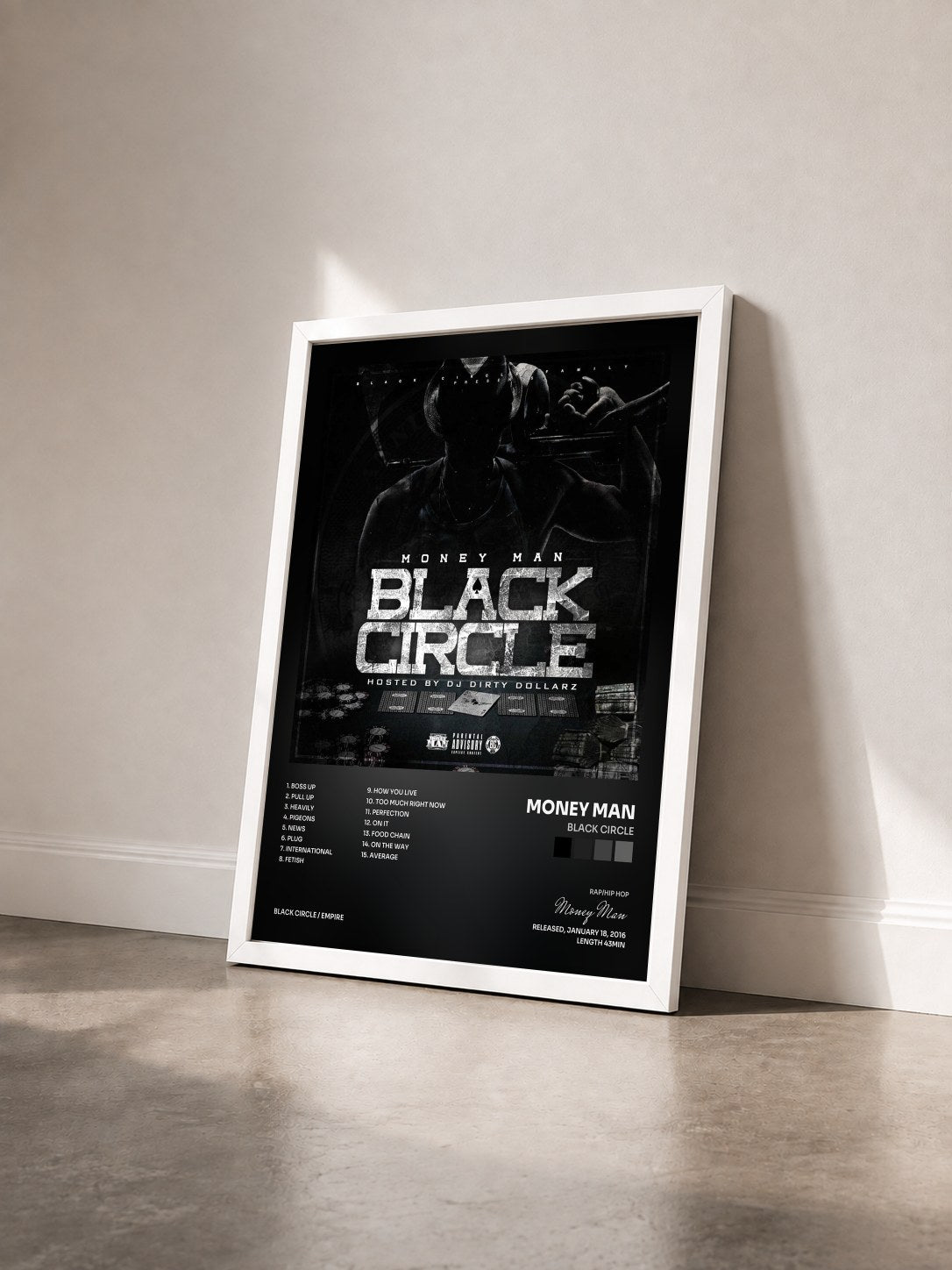 #blanc Tableau de l'album Black Circle de Money Man vu de trois quarts, cadre blanc