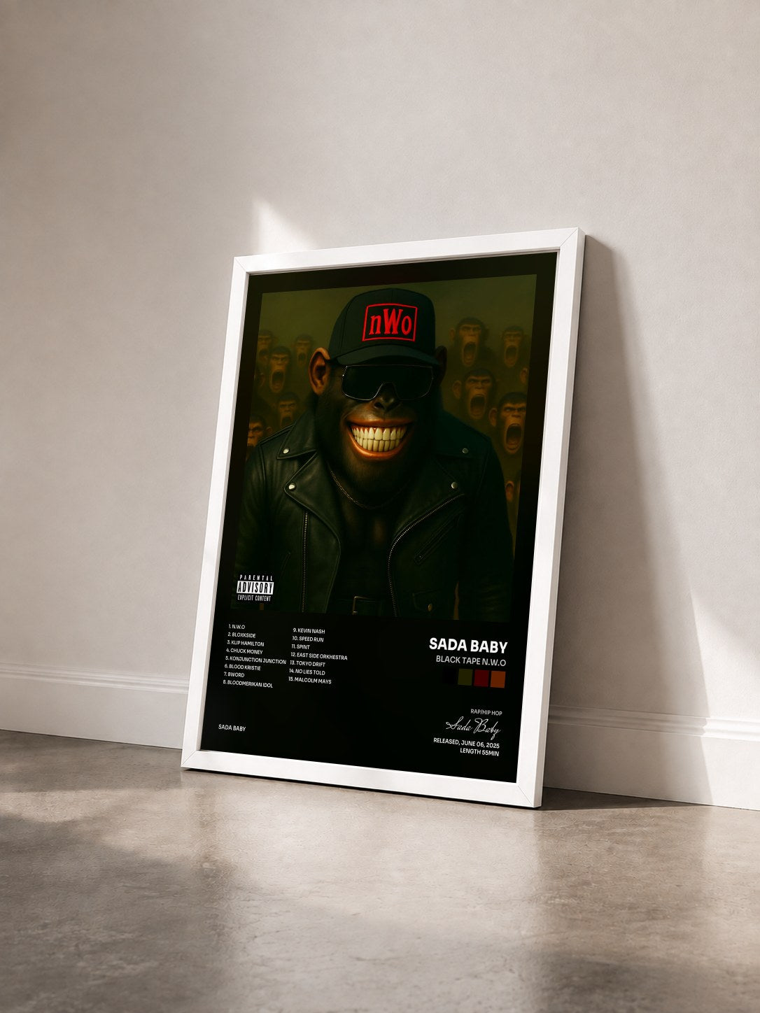 #blanc Tableau de l'album Black Tape N.W.O de Sada Baby vu de trois quarts, cadre blanc
