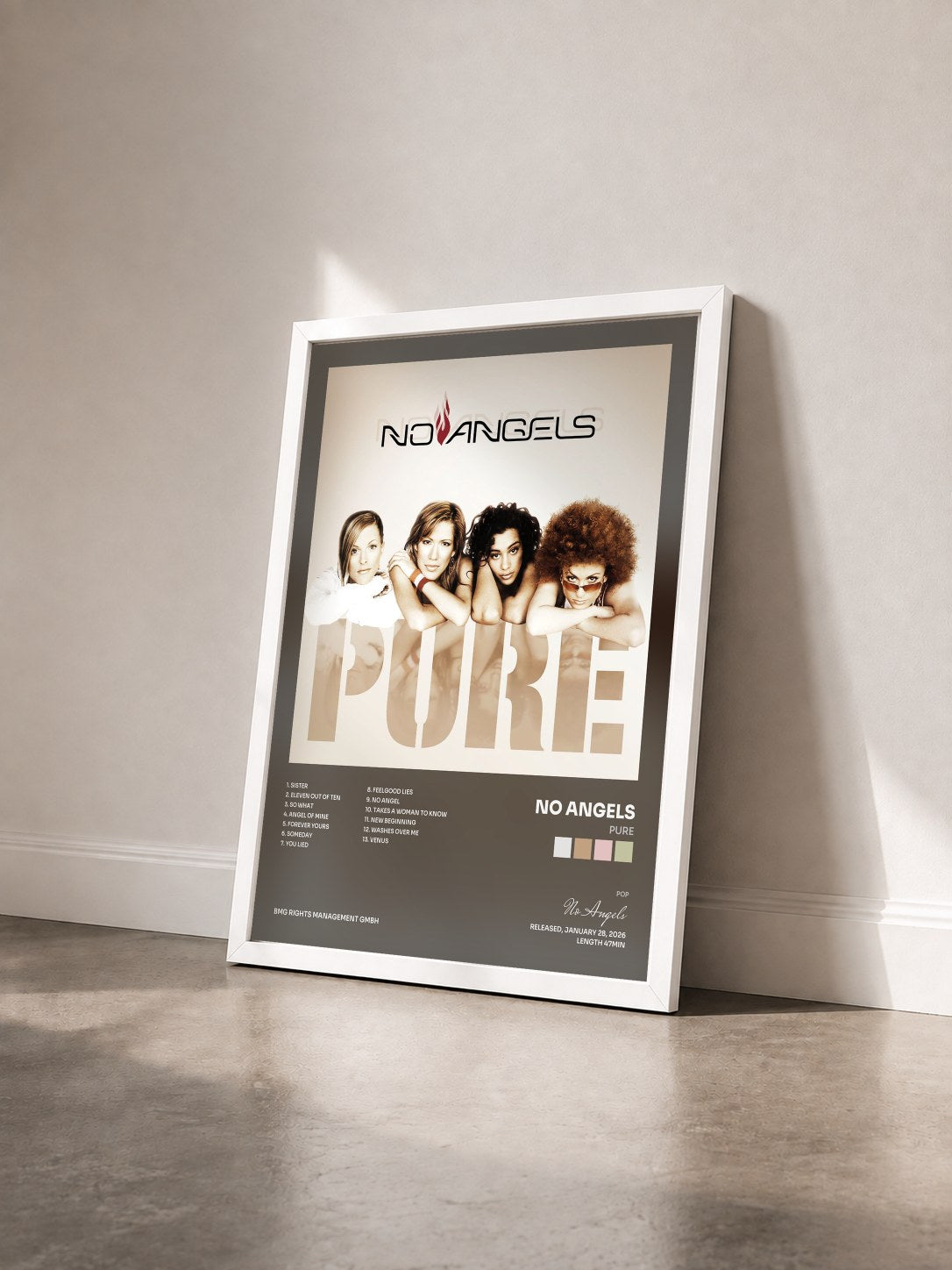 #blanc Tableau de l'album Pure de No Angels vu de trois quarts, cadre blanc