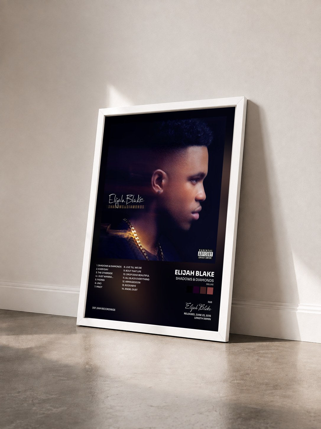 #blanc Tableau de l'album Shadows & Diamonds (Deluxe) de Elijah Blake vu de trois quarts, cadre blanc