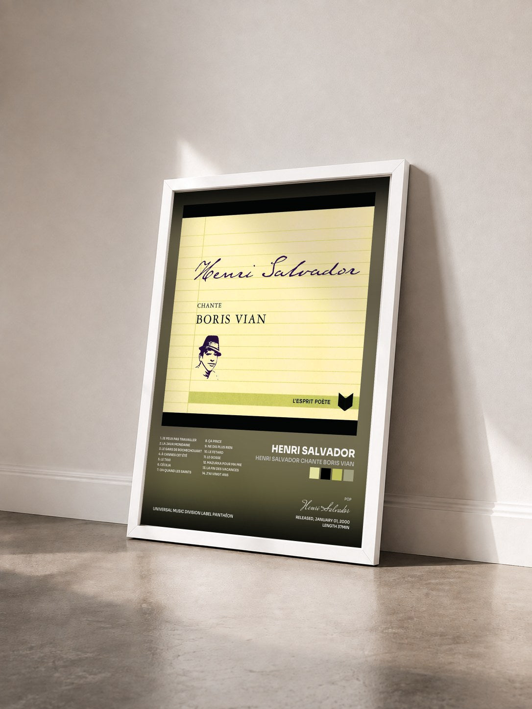 #blanc Tableau de l'album Henri Salvador Chante Boris Vian de Henri Salvador vu de trois quarts, cadre blanc