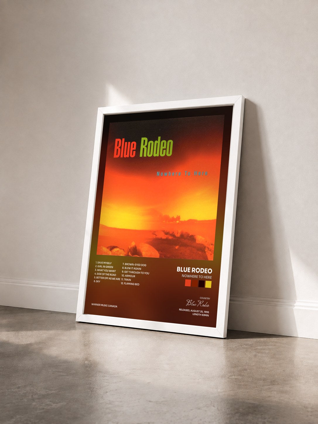 #blanc Tableau de l'album Nowhere to Here de Blue Rodeo vu de trois quarts, cadre blanc