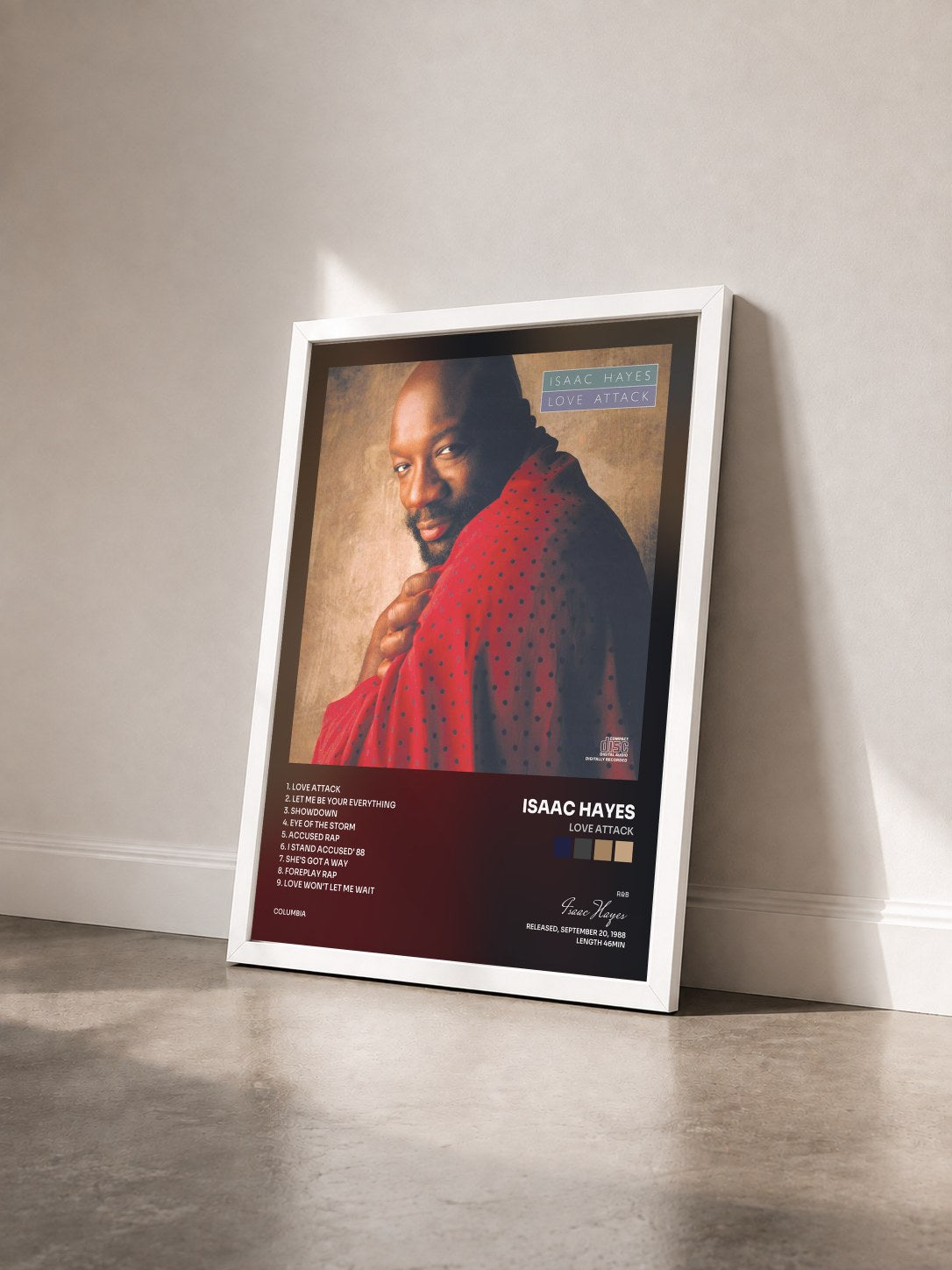 #blanc Tableau de l'album Love Attack de Isaac Hayes vu de trois quarts, cadre blanc