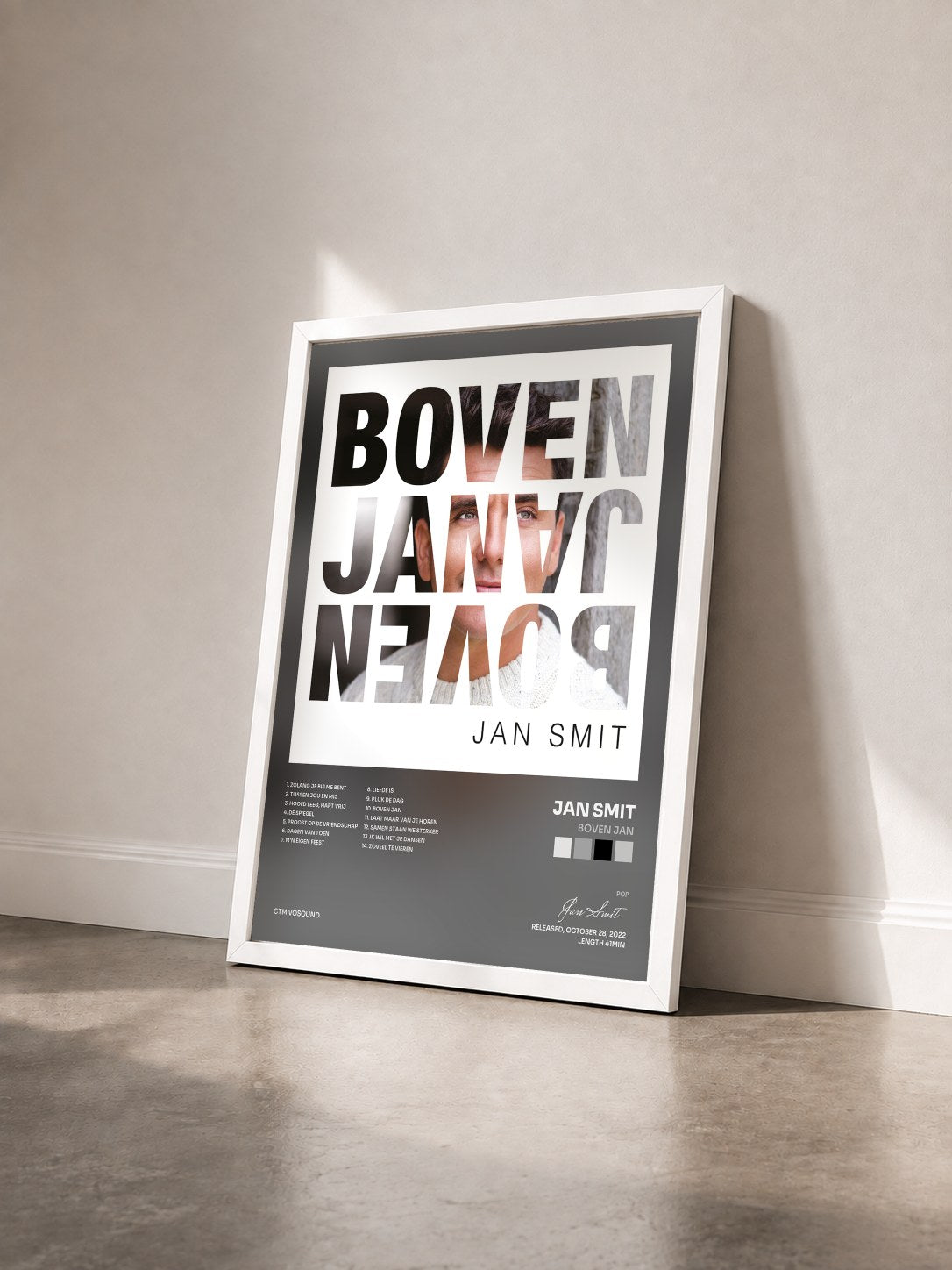 #blanc Tableau de l'album Boven Jan de Jan Smit vu de trois quarts, cadre blanc