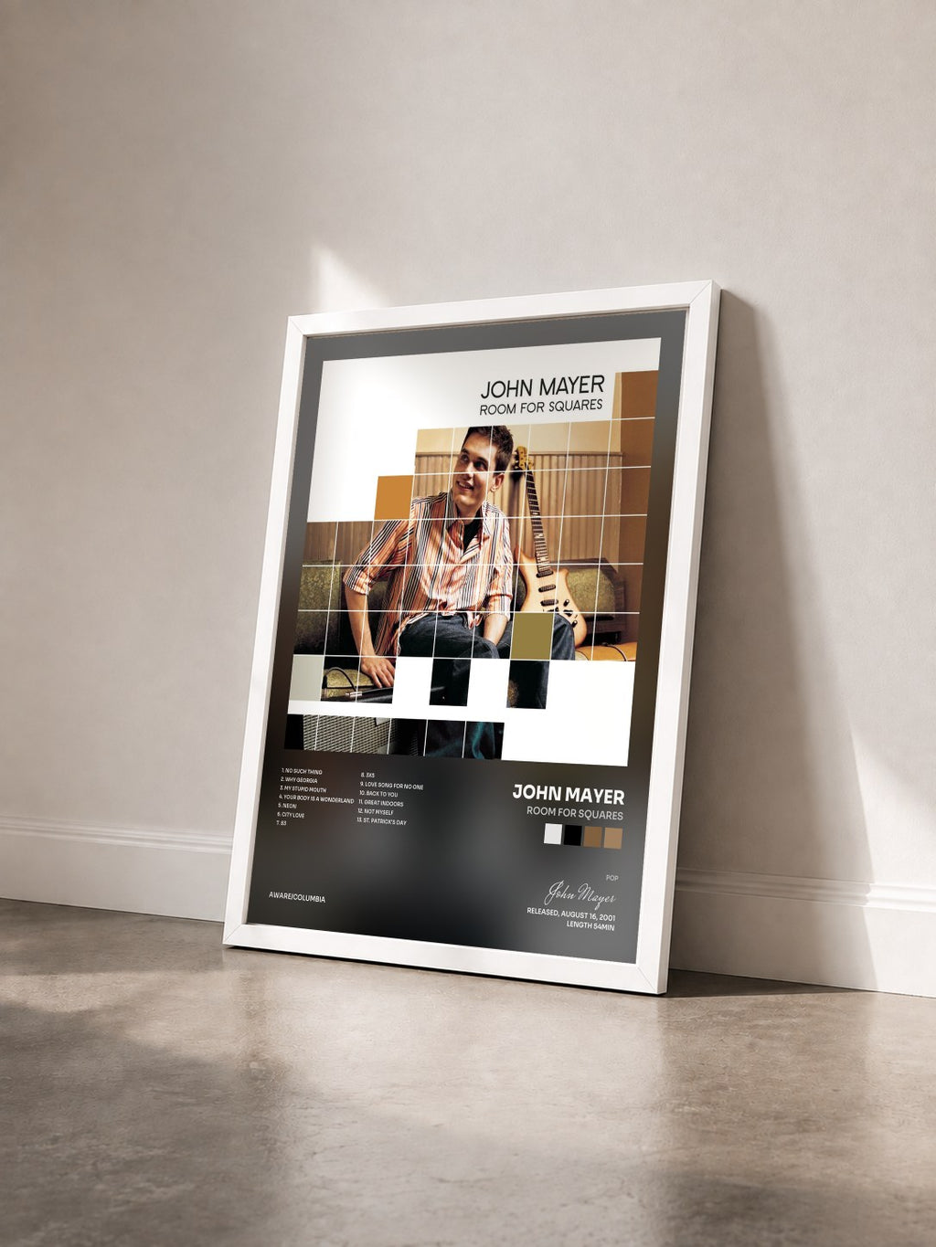#blanc Tableau de l'album Room For Squares de John Mayer vu de trois quarts, cadre blanc