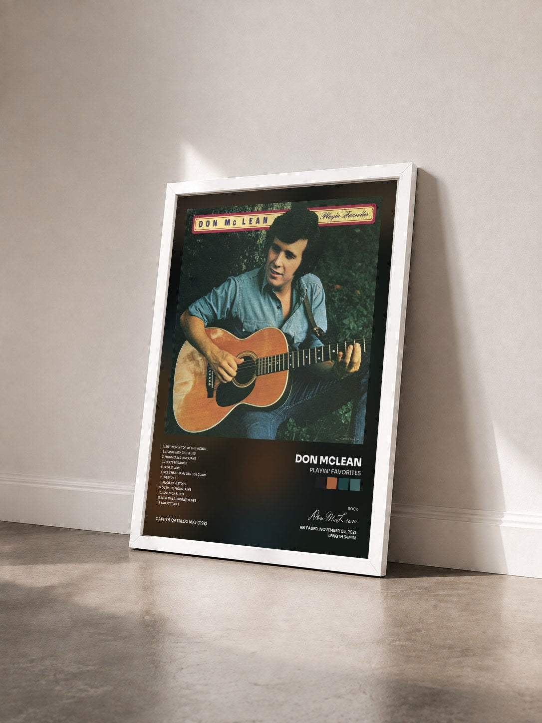 #blanc Tableau de l'album Playin' Favorites de Don McLean vu de trois quarts, cadre blanc