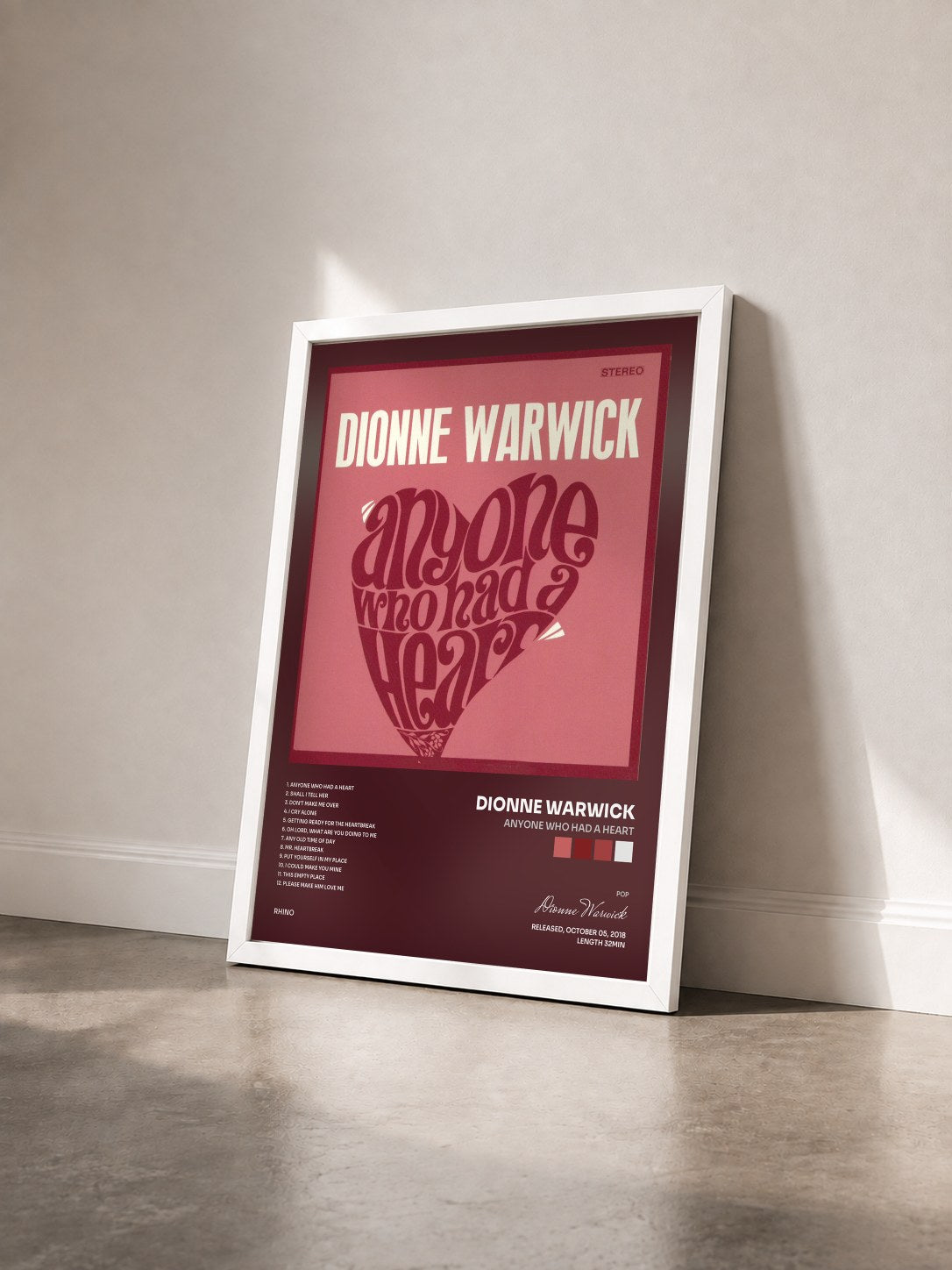 #blanc Tableau de l'album Anyone Who Had a Heart de Dionne Warwick vu de trois quarts, cadre blanc