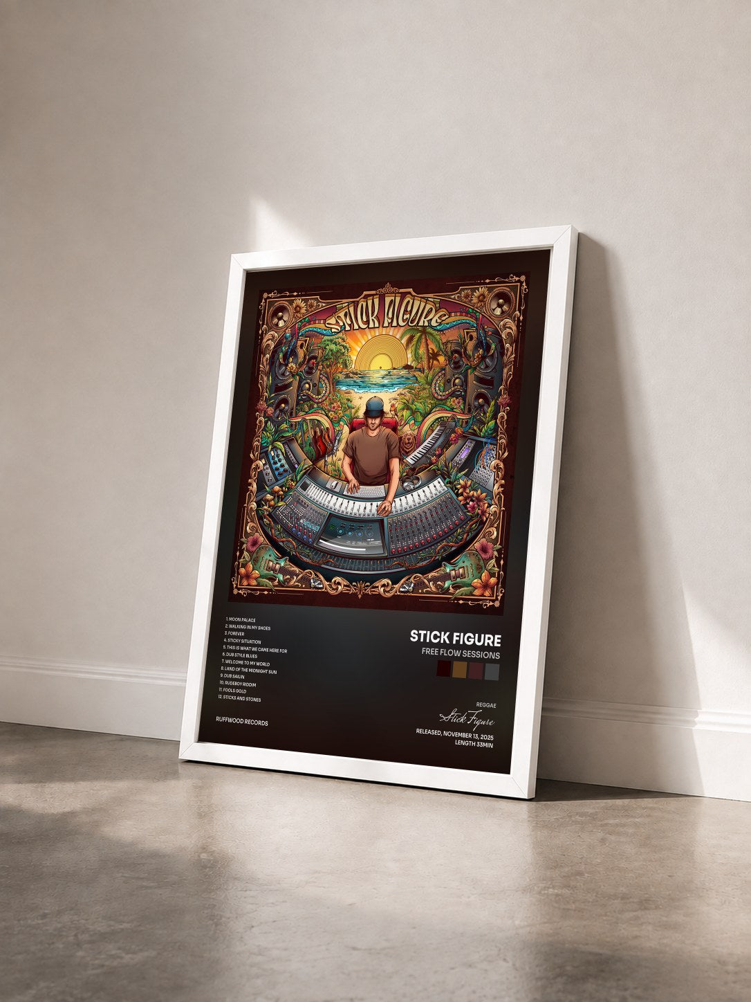 #blanc Tableau de l'album Free Flow Sessions de Stick Figure vu de trois quarts, cadre blanc