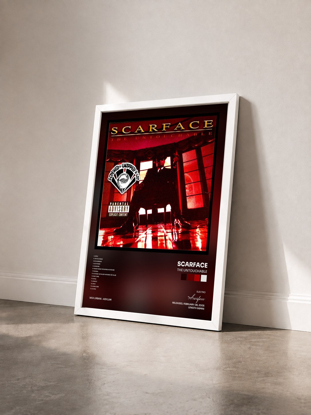 #blanc Tableau de l'album The Untouchable de Scarface vu de trois quarts, cadre blanc