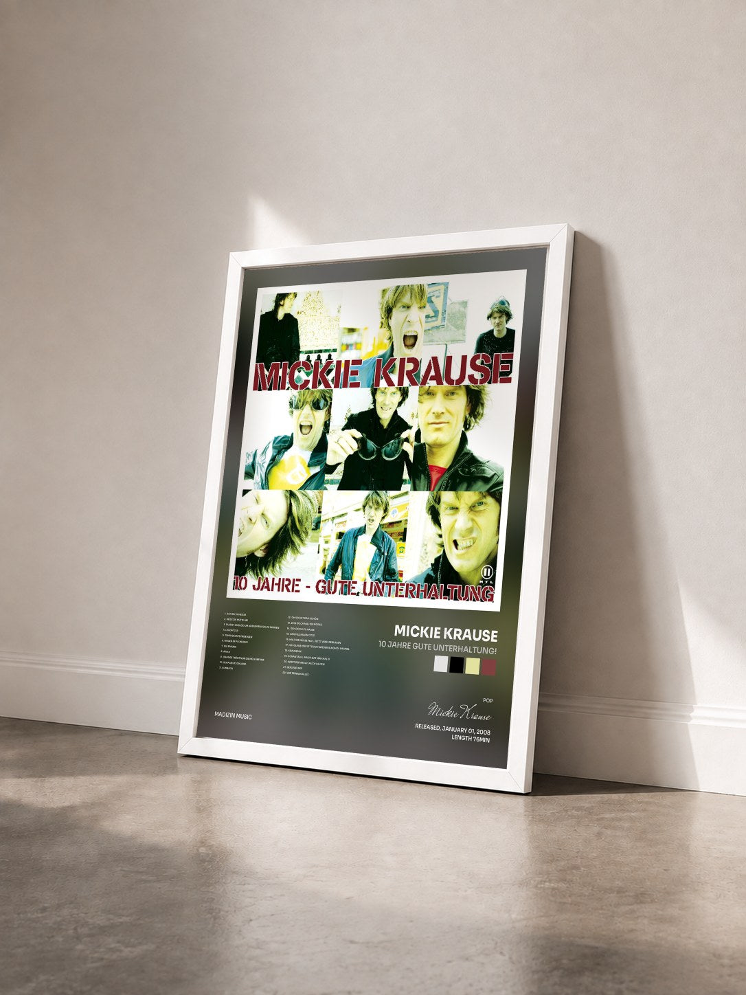 #blanc Tableau de l'album 10 Jahre gute Unterhaltung! de Mickie Krause vu de trois quarts, cadre blanc
