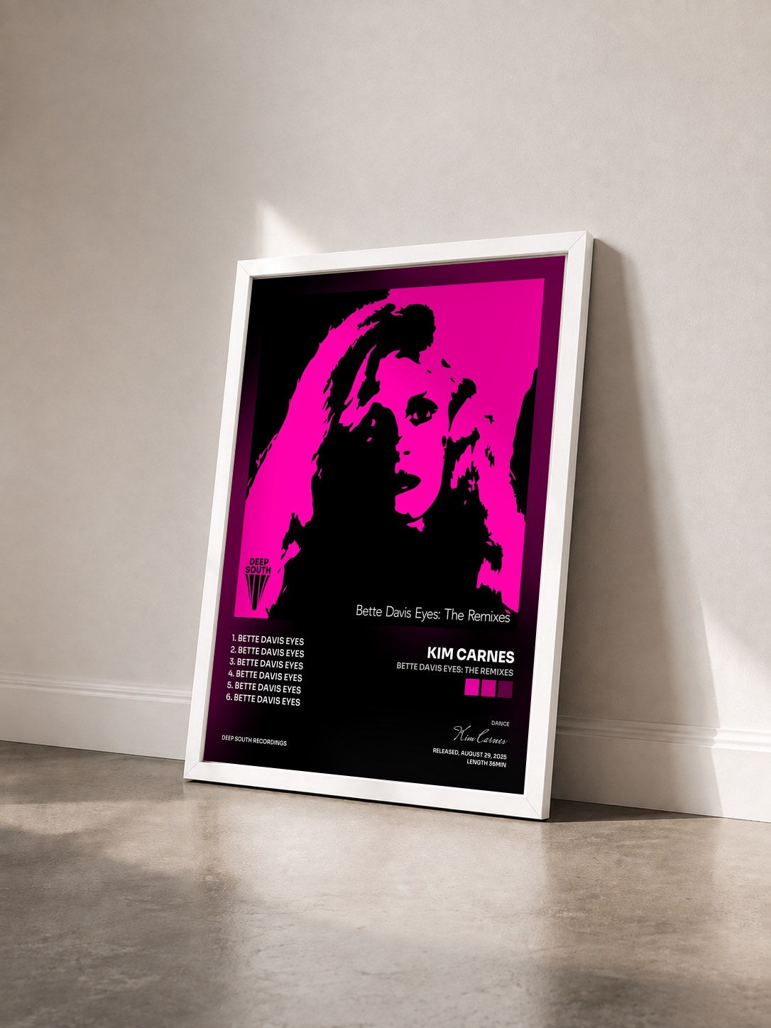 #blanc Tableau de l'album Bette Davis Eyes: The Remixes de Kim Carnes vu de trois quarts, cadre blanc
