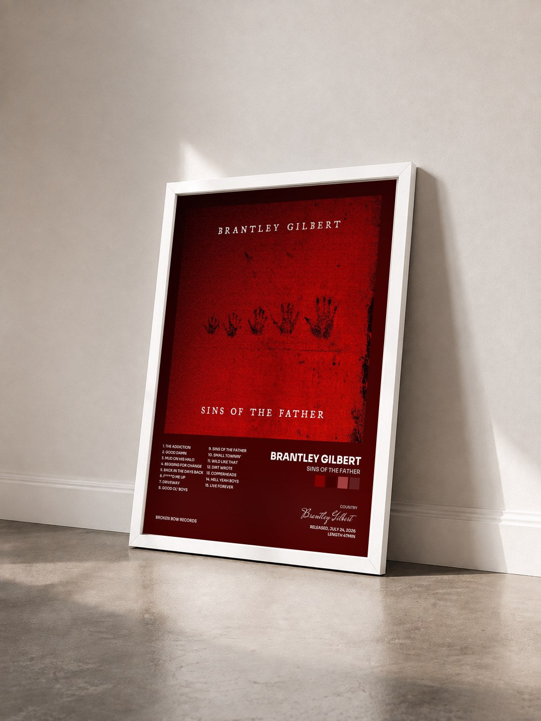 #blanc Tableau de l'album SINS OF THE FATHER de Brantley Gilbert vu de trois quarts, cadre blanc