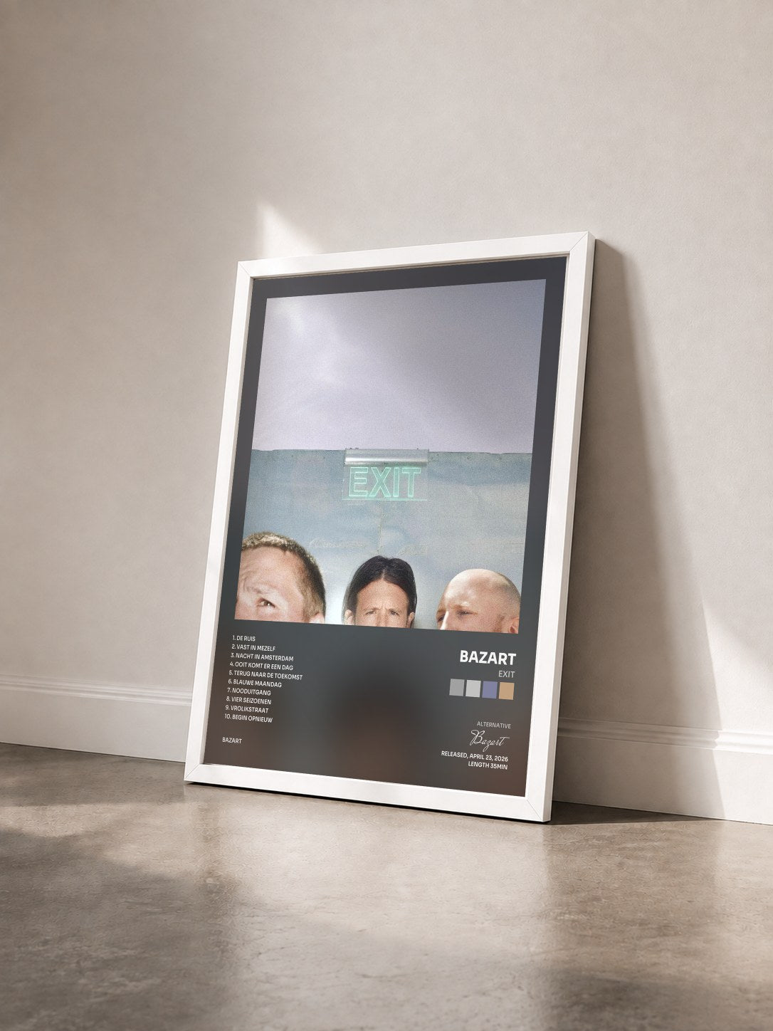#blanc Tableau de l'album EXIT de Bazart vu de trois quarts, cadre blanc