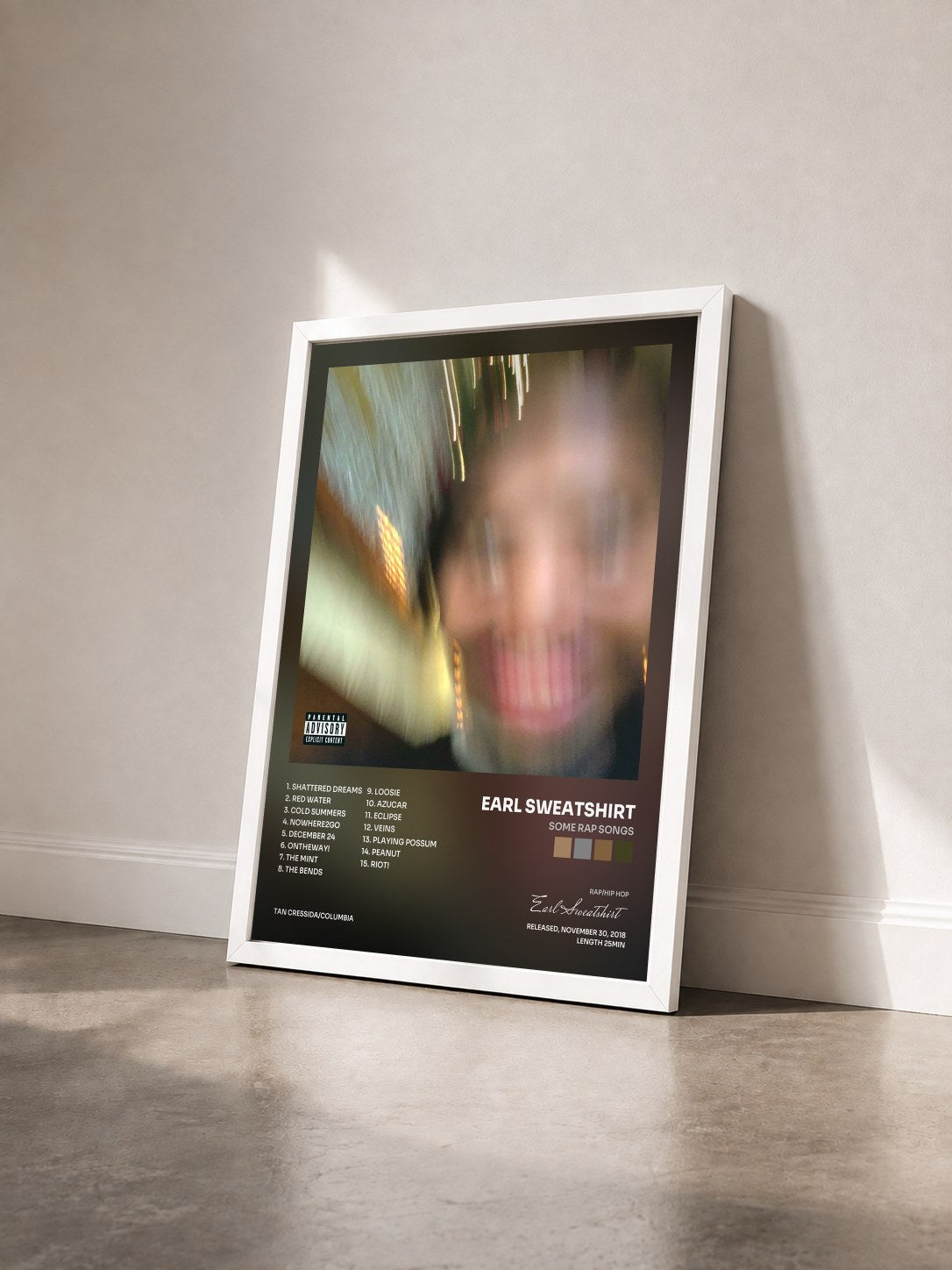 #blanc Tableau de l'album Some Rap Songs de Earl Sweatshirt vu de trois quarts, cadre blanc