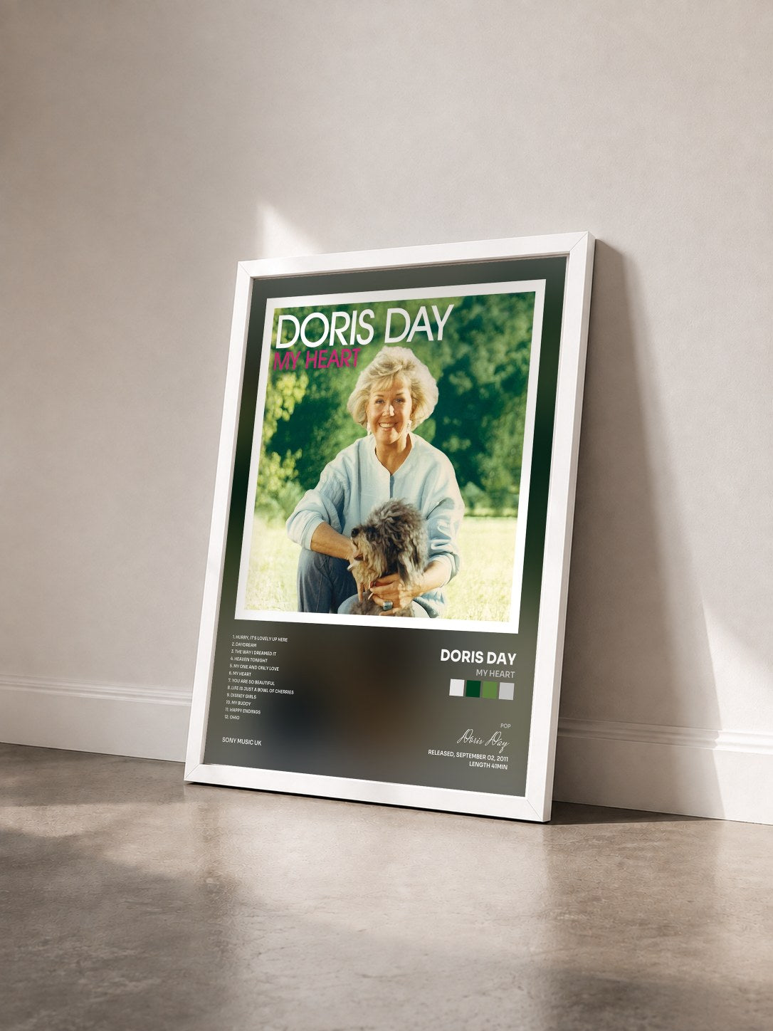 #blanc Tableau de l'album My Heart de Doris Day vu de trois quarts, cadre blanc