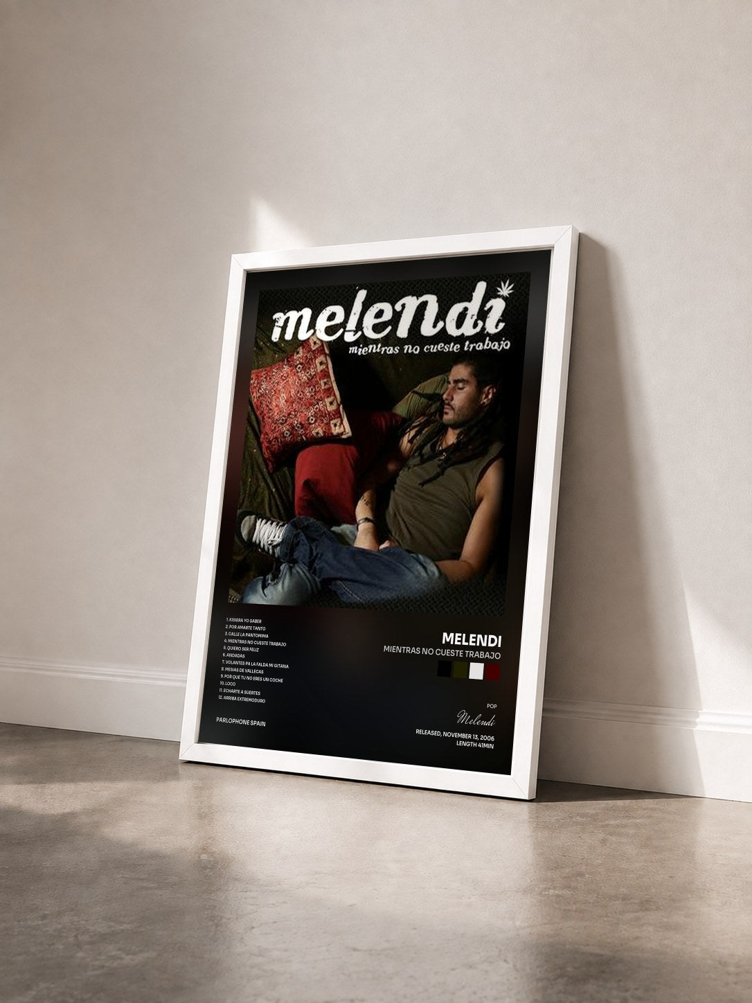#blanc Tableau de l'album Mientras No Cueste Trabajo de Melendi vu de trois quarts, cadre blanc