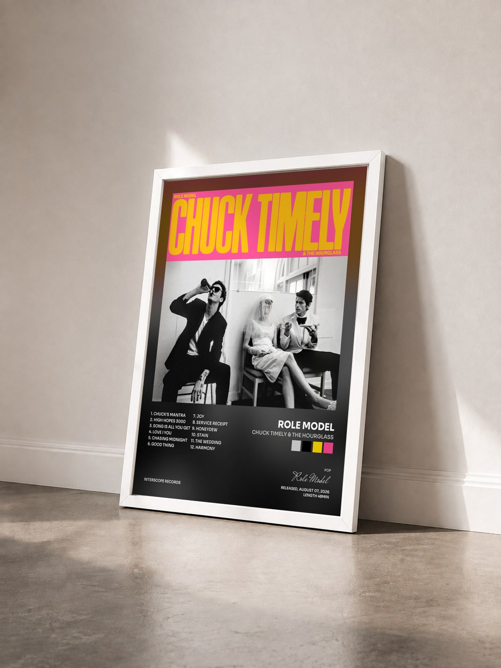 #blanc Tableau de l'album Chuck Timely & The Hourglass de Role Model vu de trois quarts, cadre blanc