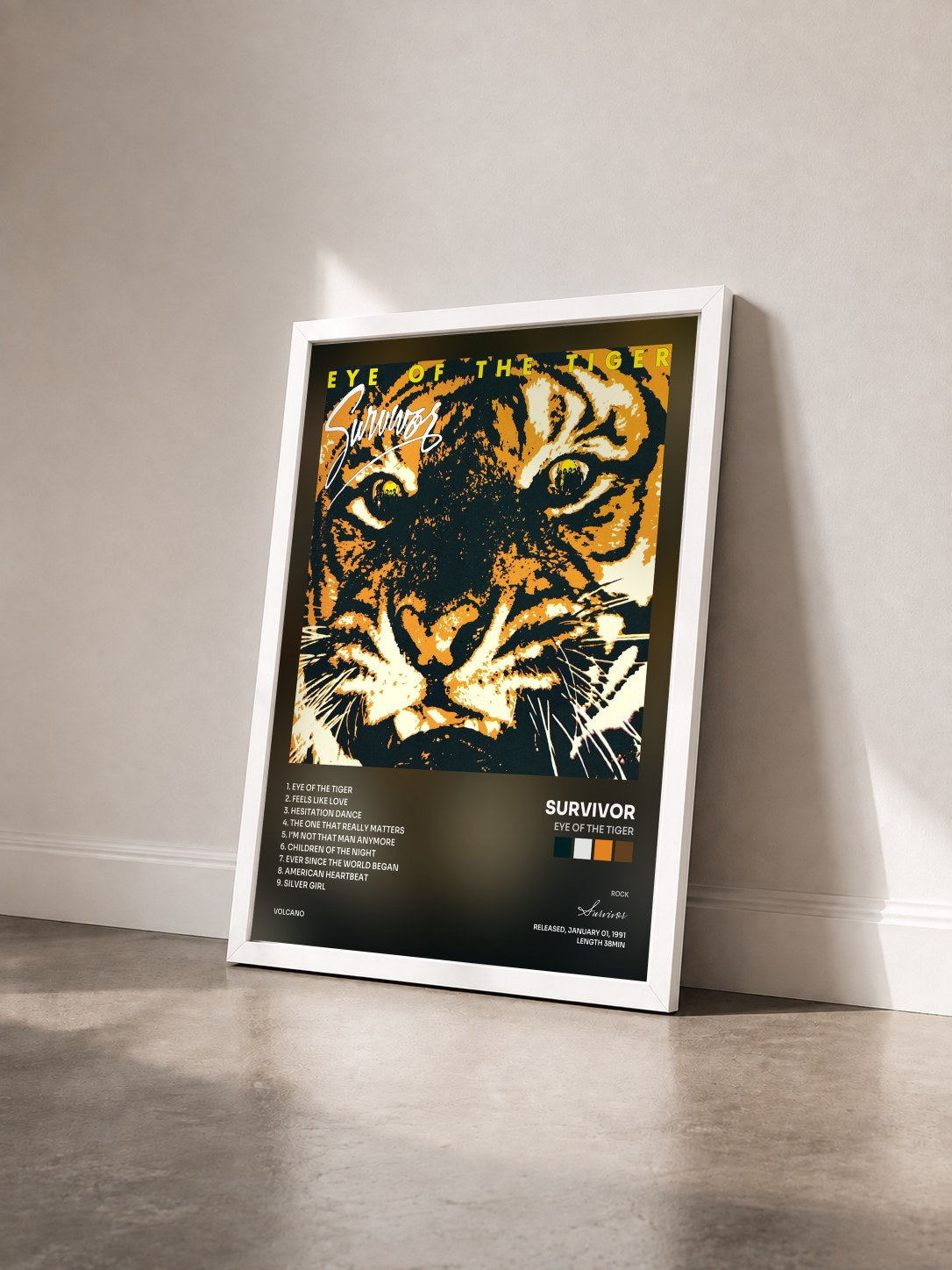 #blanc Tableau de l'album Eye Of The Tiger de Survivor vu de trois quarts, cadre blanc