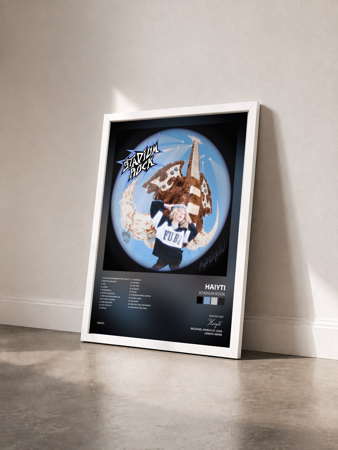 #blanc Tableau de l'album Stadium Rock de Haiyti vu de trois quarts, cadre blanc