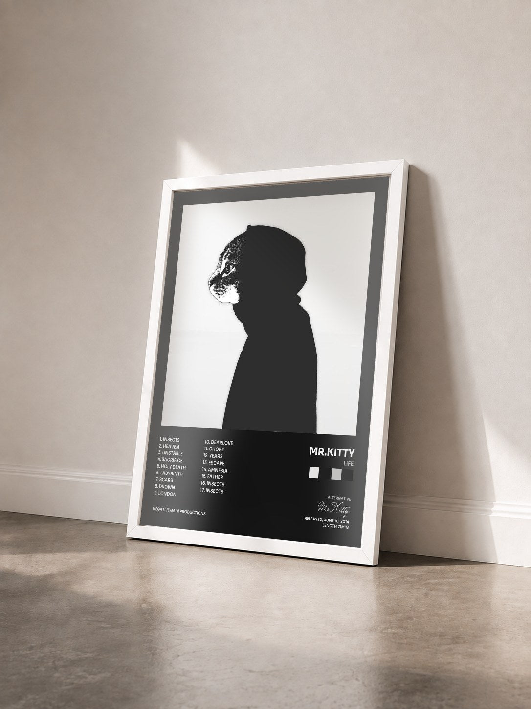 #blanc Tableau de l'album Life de Mr.Kitty vu de trois quarts, cadre blanc