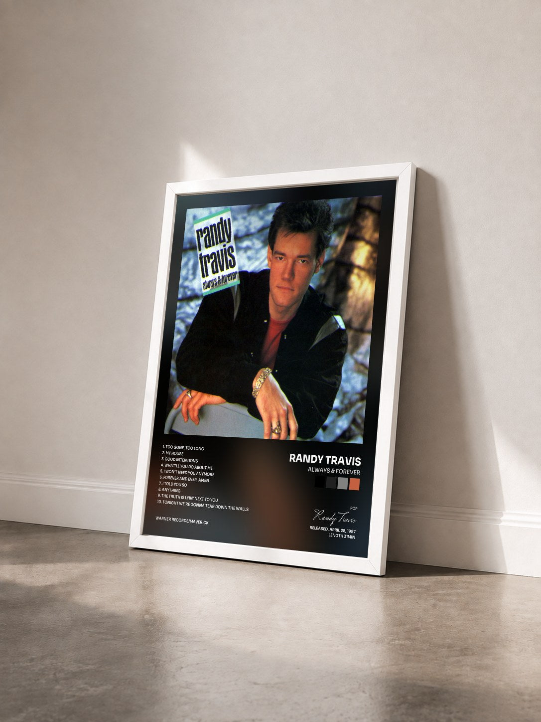 #blanc Tableau de l'album Always & Forever de Randy Travis vu de trois quarts, cadre blanc