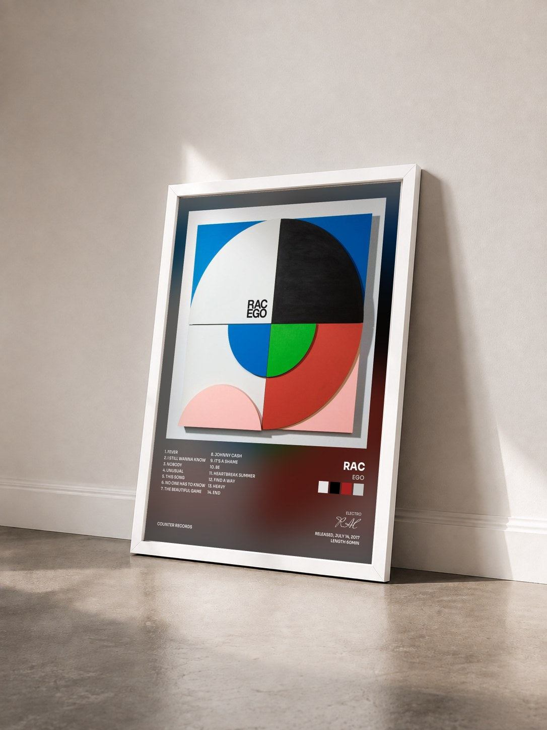 #blanc Tableau de l'album EGO de RAC vu de trois quarts, cadre blanc
