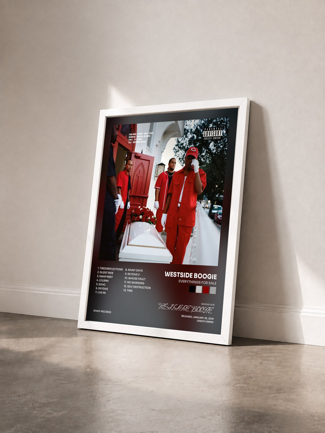 #blanc Tableau de l'album Everythings For Sale de WESTSIDE BOOGIE vu de trois quarts, cadre blanc