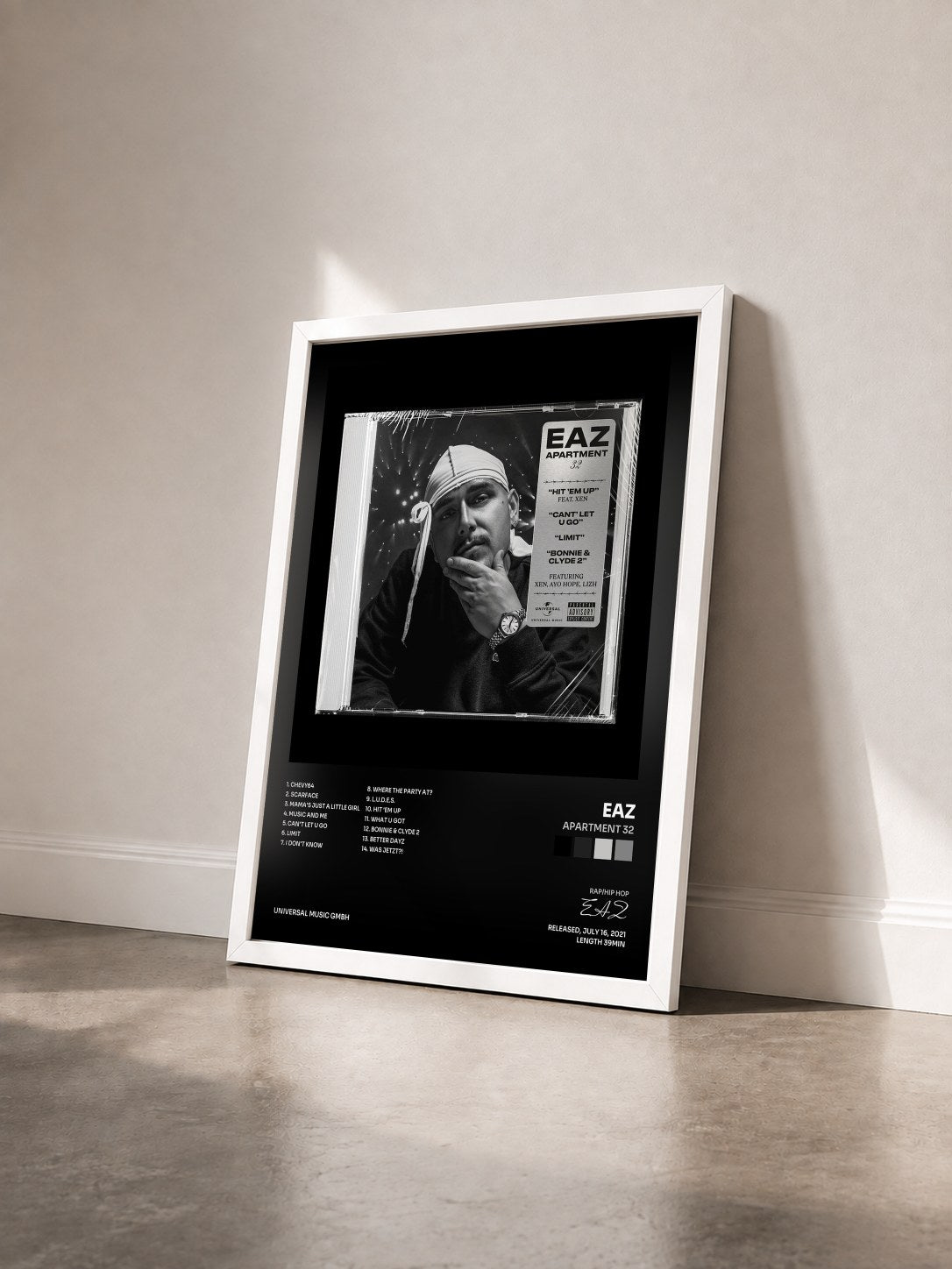 #blanc Tableau de l'album Apartment 32 de EAZ vu de trois quarts, cadre blanc