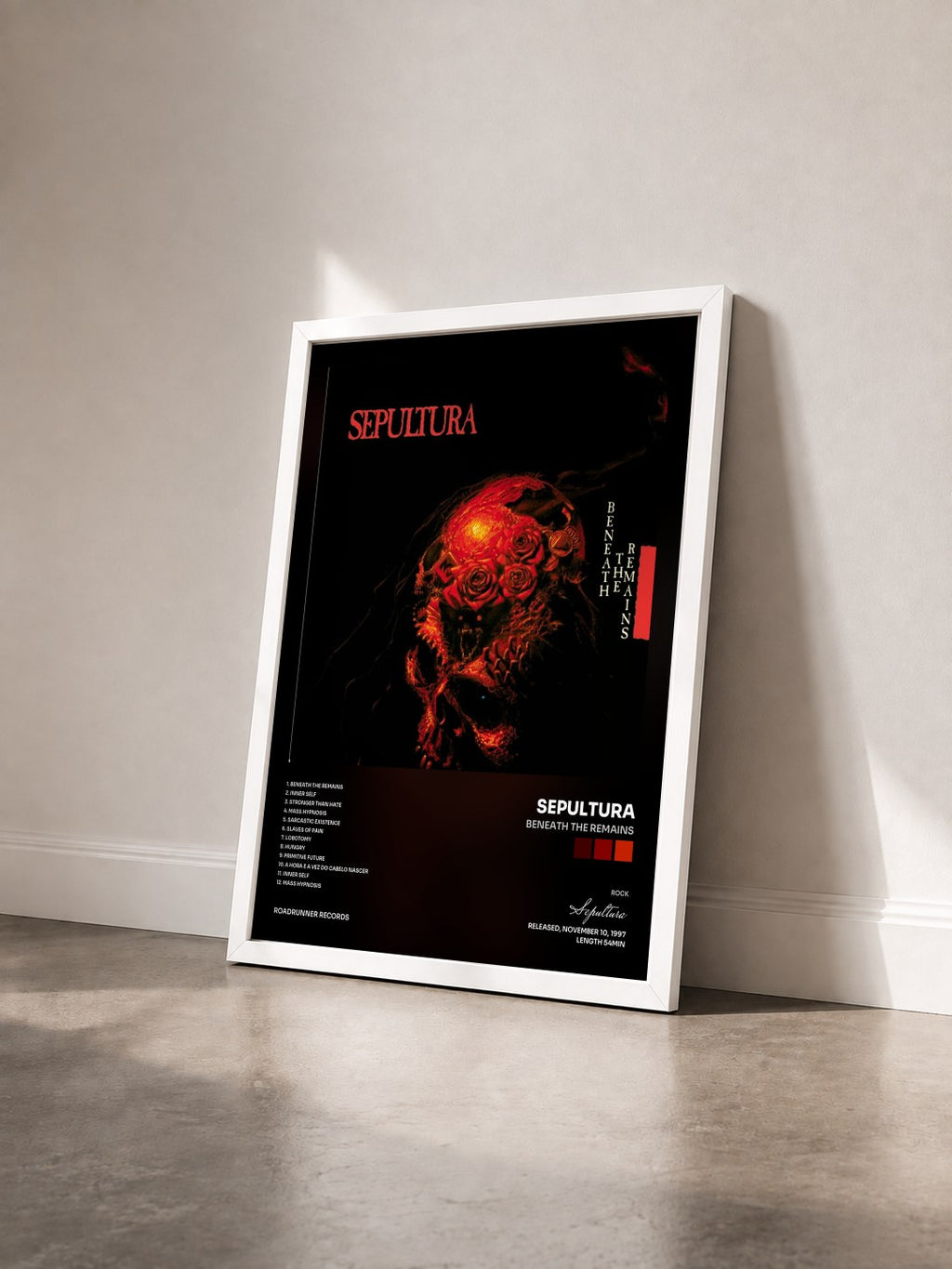 #blanc Tableau de l'album Beneath the Remains de Sepultura vu de trois quarts, cadre blanc