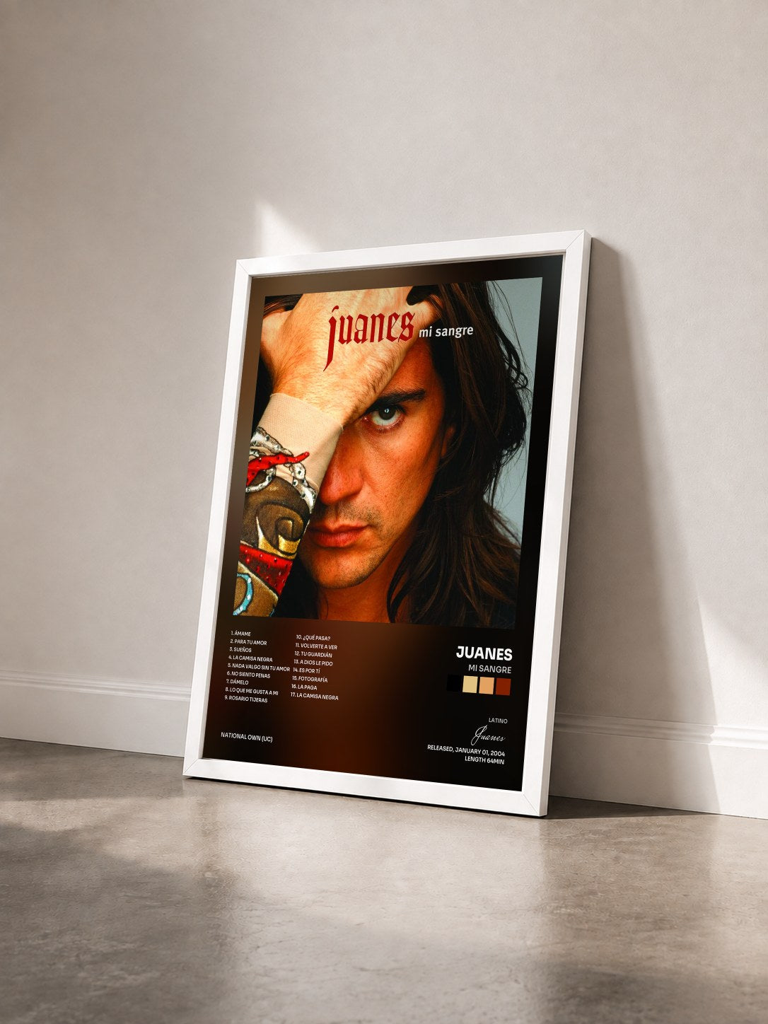 #blanc Tableau de l'album Mi Sangre de Juanes vu de trois quarts, cadre blanc