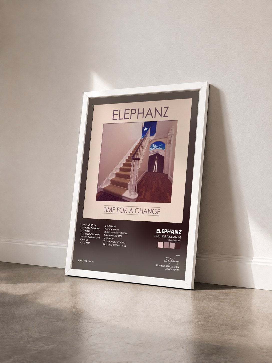 #blanc Tableau de l'album TIME FOR A CHANGE (Deluxe Edition) de Elephanz vu de trois quarts, cadre blanc