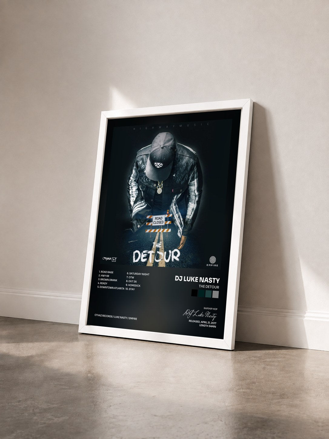 #blanc Tableau de l'album The Detour de DJ Luke Nasty vu de trois quarts, cadre blanc