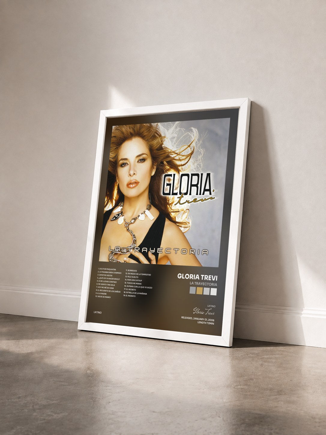 #blanc Tableau de l'album La Trayectoria de Gloria Trevi vu de trois quarts, cadre blanc