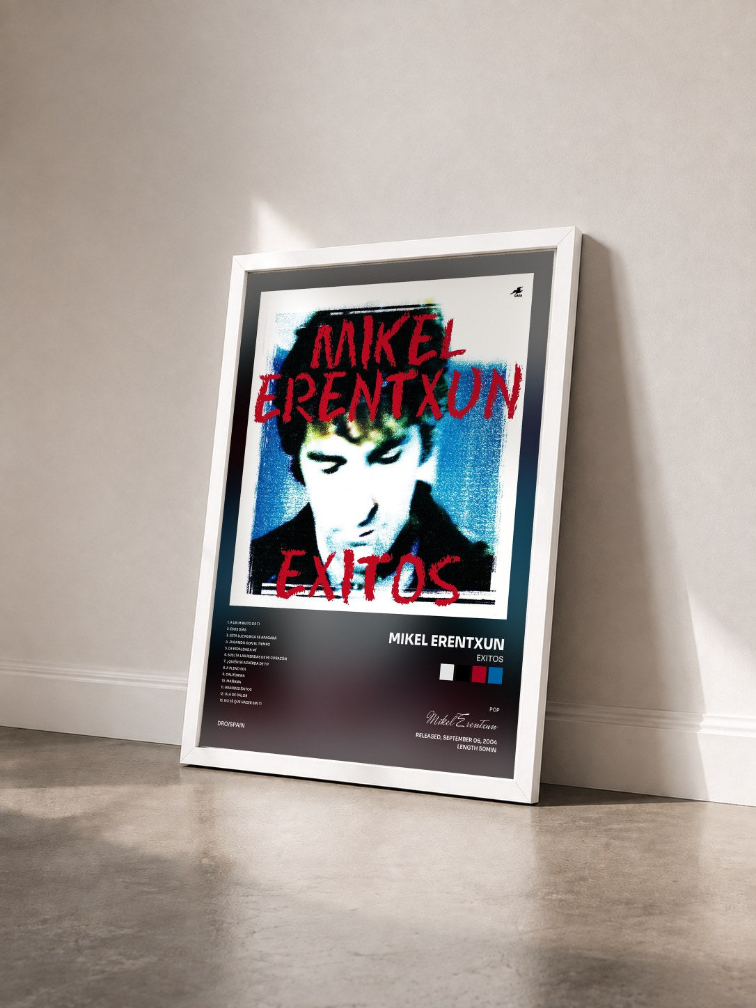 #blanc Tableau de l'album Exitos de Mikel Erentxun vu de trois quarts, cadre blanc
