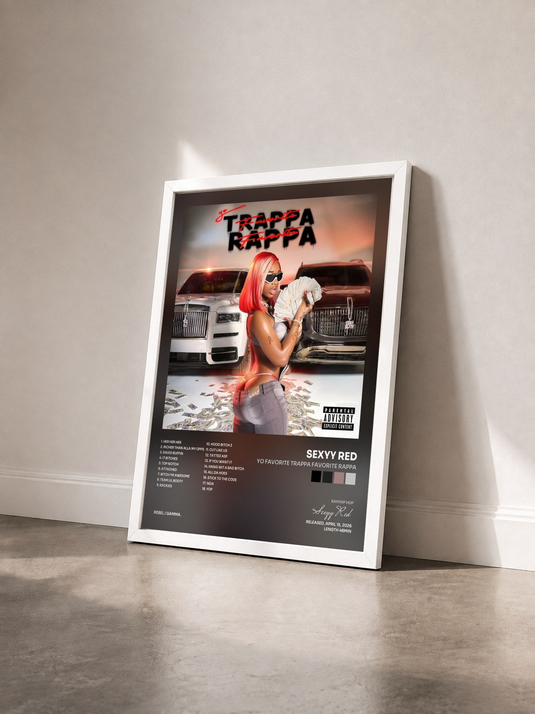 #blanc Tableau de l'album Yo Favorite Trappa Favorite Rappa de Sexyy Red vu de trois quarts, cadre blanc
