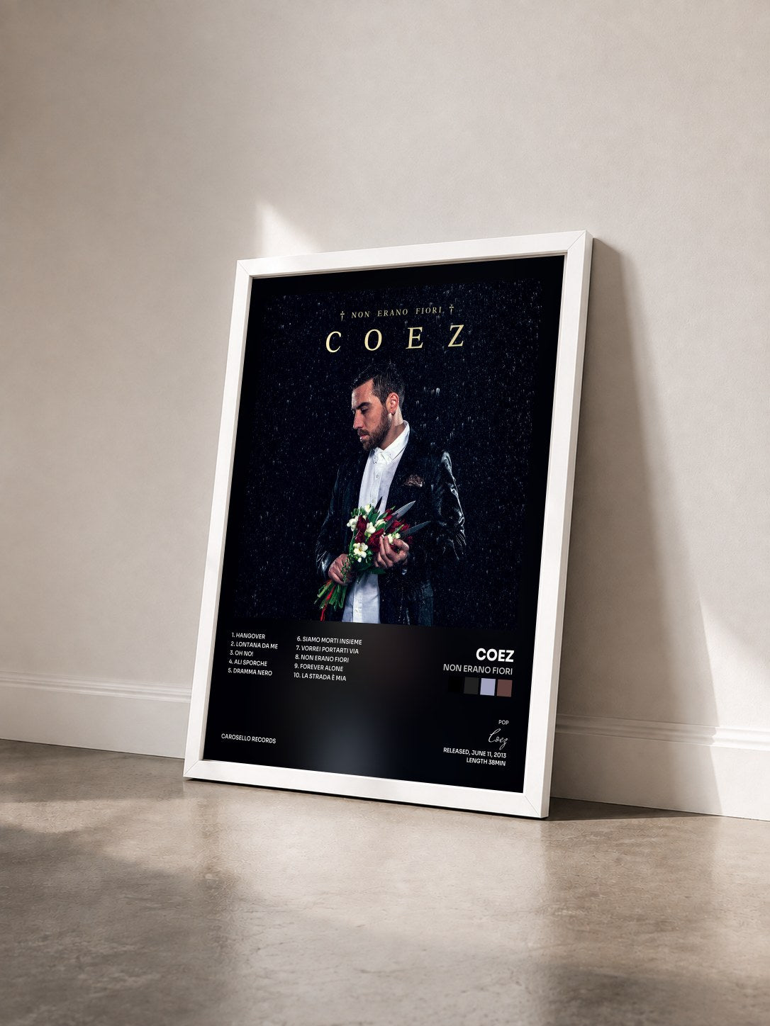 #blanc Tableau de l'album Non erano fiori de Coez vu de trois quarts, cadre blanc