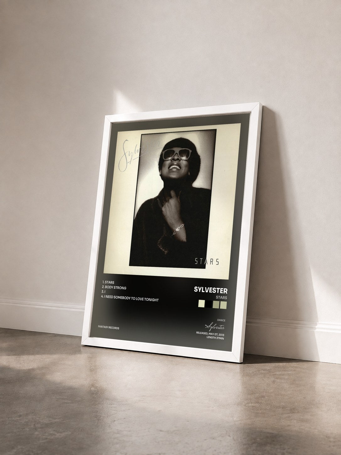 #blanc Tableau de l'album Stars de Sylvester vu de trois quarts, cadre blanc